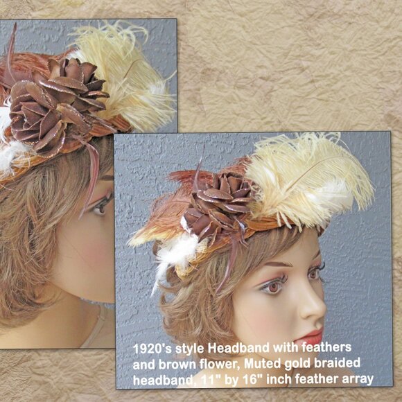Handmade headband with raffia flower, floral petals & rhinestones, Beige & brown - Picture 13 of 13